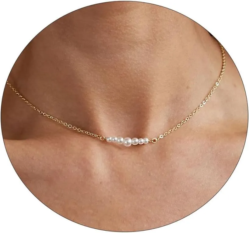 Kyerlyn Dainty Pearl Pendant Necklaces for Women 14K Gold Plated Handmade Layered Pearl Chain Necklace Delicate Layered Pearl Necklace Everyday Jewelry Gift