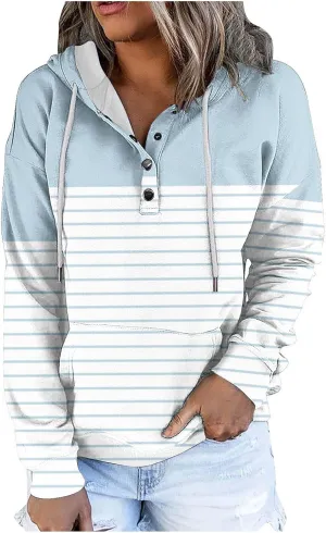 Ladies Stripes Hoodie Women Color Block Hoody Shirt Sweatshirt V Neck Sweater Top with Buttons Long Sleeve Pullover