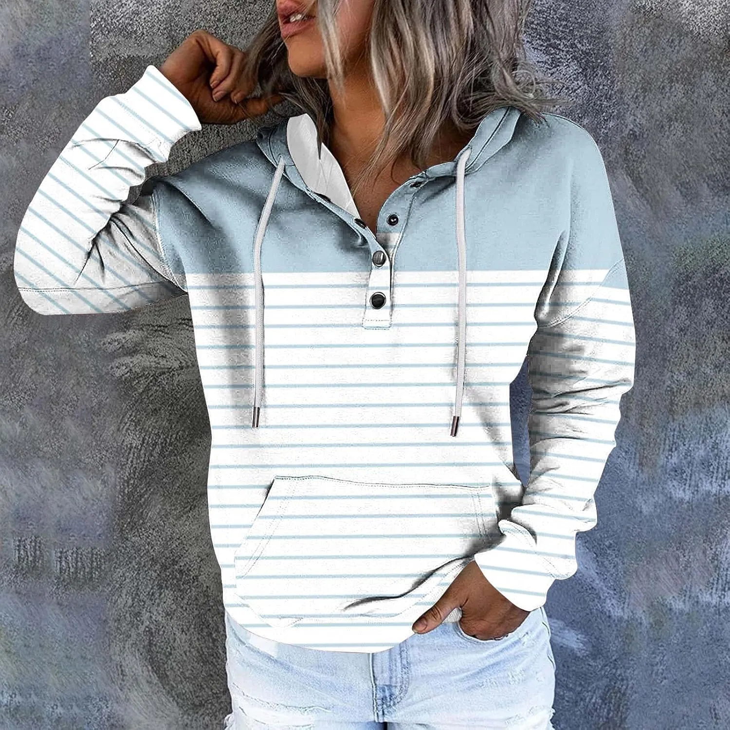 Ladies Stripes Hoodie Women Color Block Hoody Shirt Sweatshirt V Neck Sweater Top with Buttons Long Sleeve Pullover