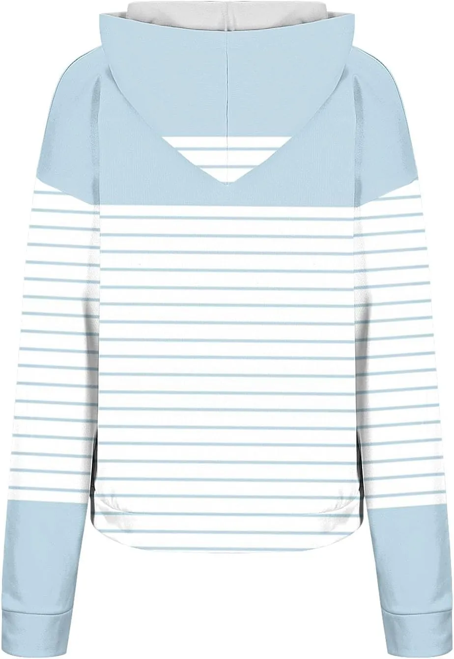 Ladies Stripes Hoodie Women Color Block Hoody Shirt Sweatshirt V Neck Sweater Top with Buttons Long Sleeve Pullover