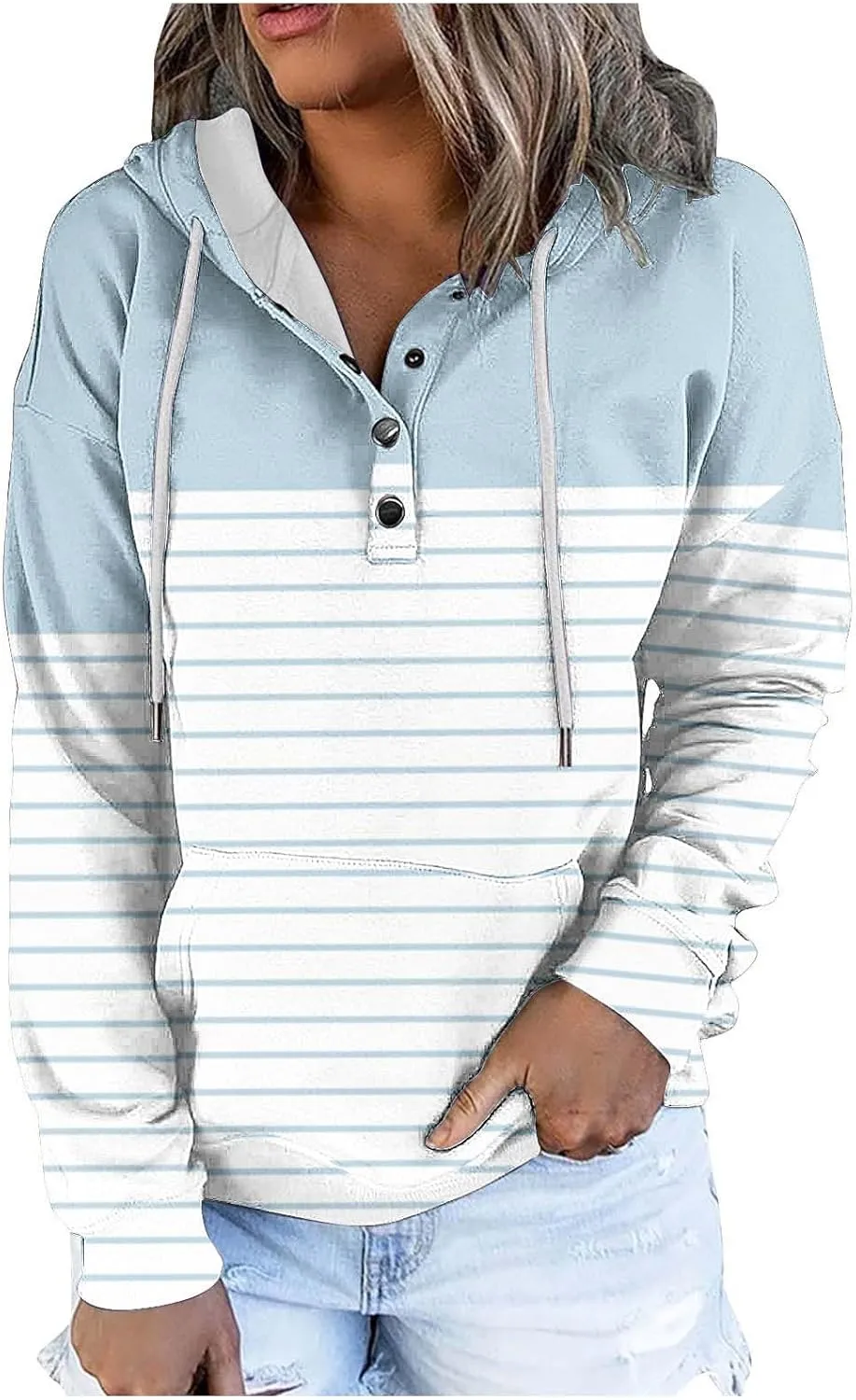 Ladies Stripes Hoodie Women Color Block Hoody Shirt Sweatshirt V Neck Sweater Top with Buttons Long Sleeve Pullover