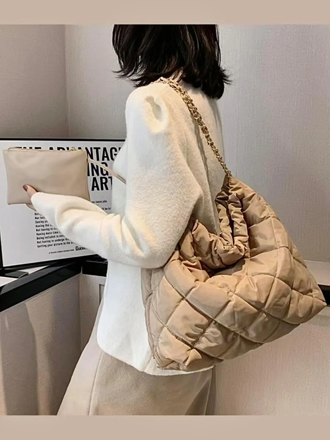 Large Quilted Puffer Chain Bag Classic Carryall Padding Shoulder Bag Soft Puffy Hobo Handbags Puff Purse for Women