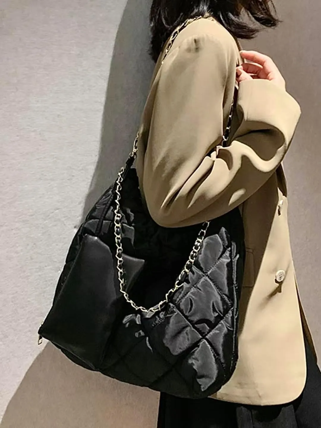 Large Quilted Puffer Chain Bag Classic Carryall Padding Shoulder Bag Soft Puffy Hobo Handbags Puff Purse for Women