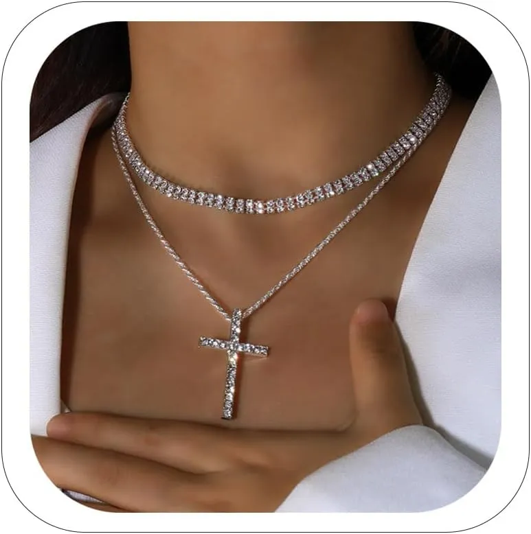 Layered Cross Necklace Pendant for Women Silver Simple Rhinestone Cross Choker Necklaces Charms Dainty Jewelry