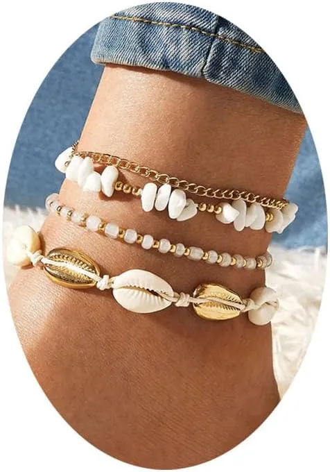 Layered Gold Shell Anklet Bracelets Set for Women,Boho Dainty Handmade Seashell Gravel Bead Adjustable Gold Plated Anklet Set Waterproof Beach Jewelry