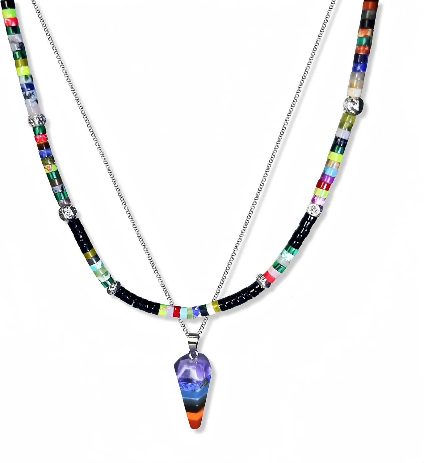 Layered Necklaces for Women Pack of 2, Colorful Gemstone Beaded Choker and Dainty Silver Chain Pendulum Necklace with 7 Chakra Crystal Pendant
