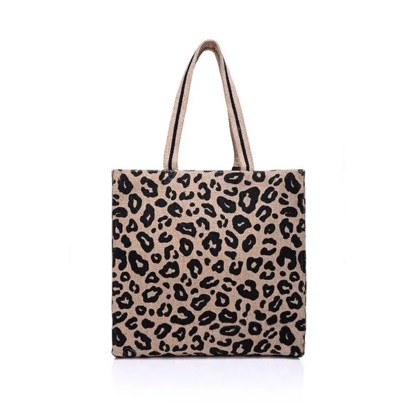 Leopard Print Jute Brown Tote With Tassel
