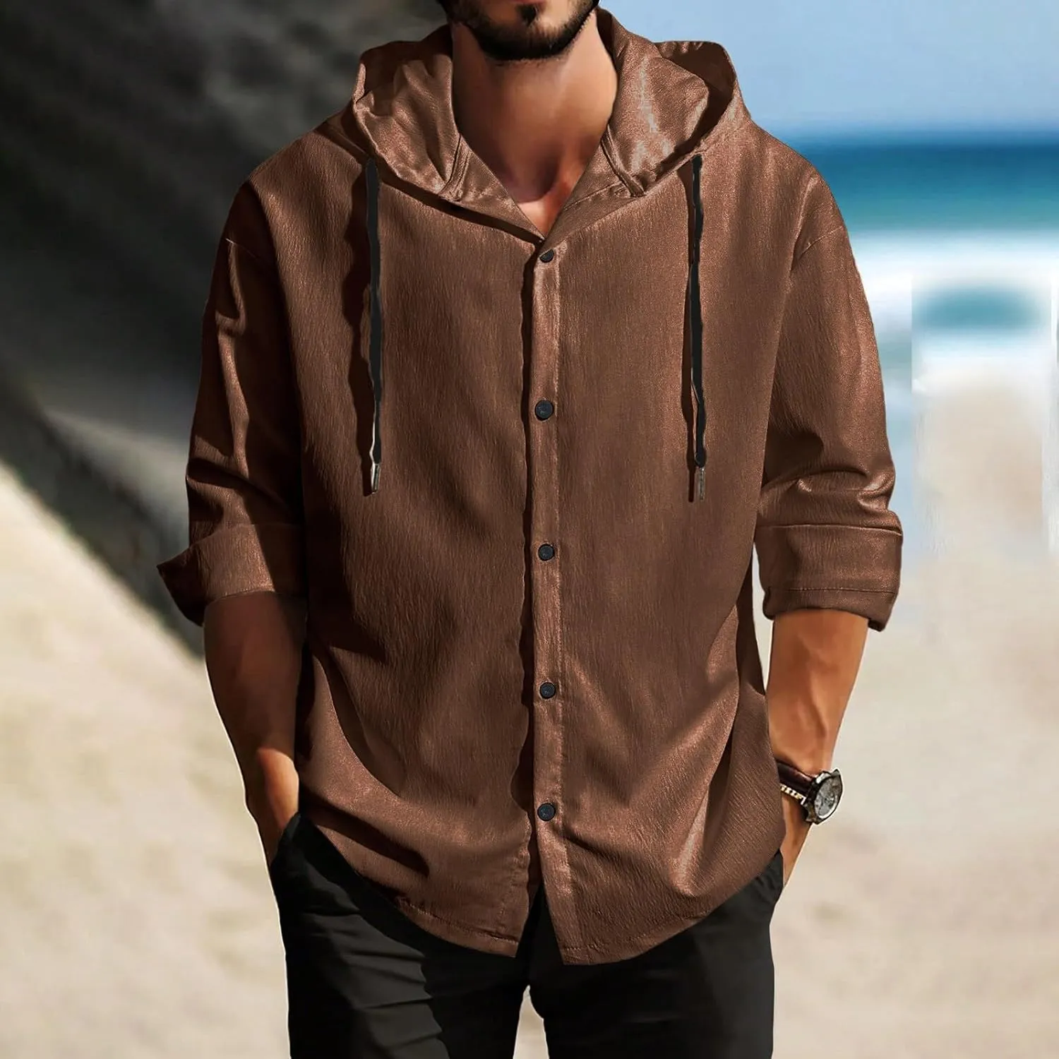 Linen Shirts for Men 3/4 Roll-Up Sleeve Cuban Guayabera Shirt with Hooded Lightweight Casual Button Down Beach Tee Top