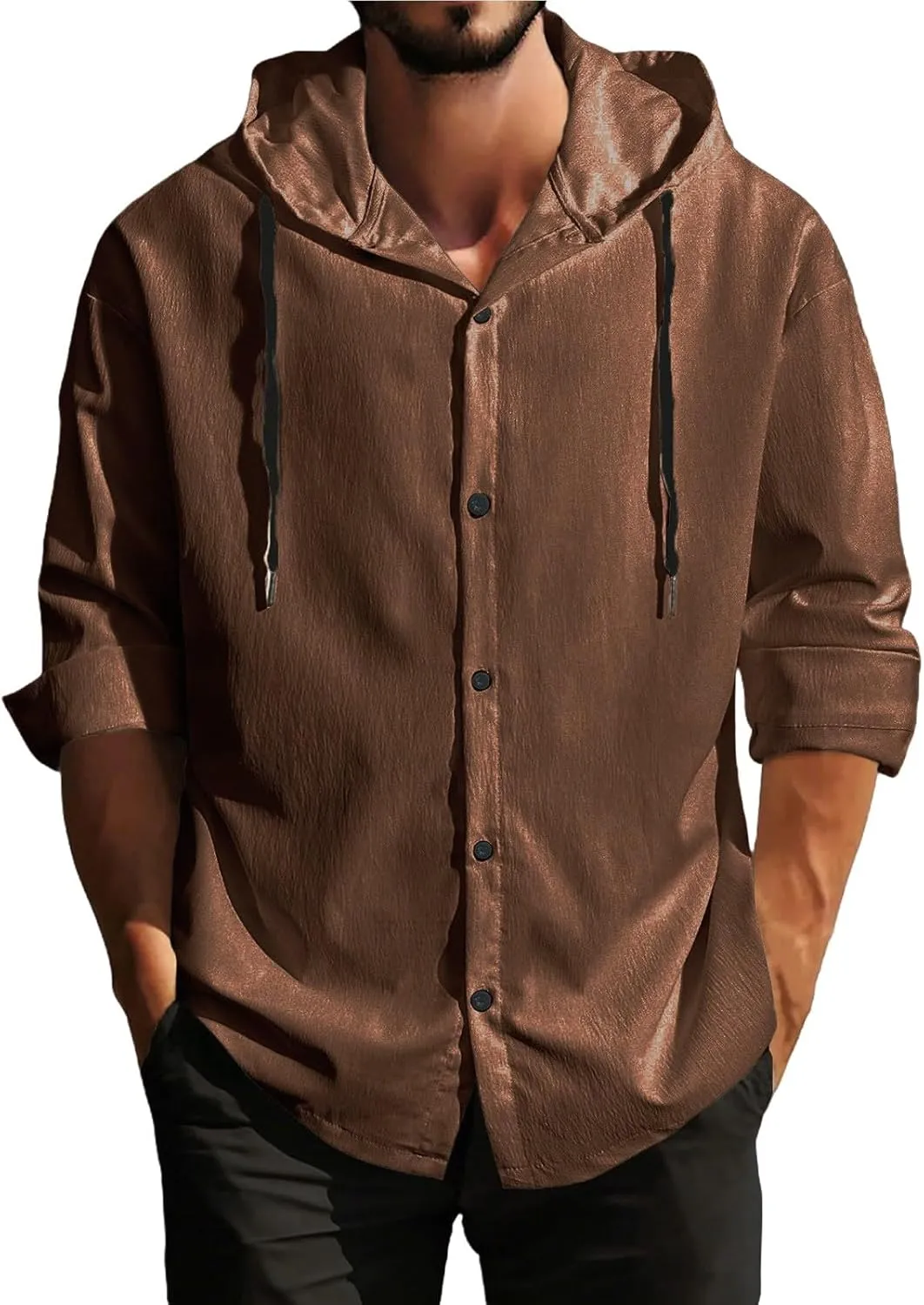 Linen Shirts for Men 3/4 Roll-Up Sleeve Cuban Guayabera Shirt with Hooded Lightweight Casual Button Down Beach Tee Top