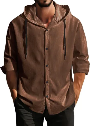 Linen Shirts for Men 3/4 Roll-Up Sleeve Cuban Guayabera Shirt with Hooded Lightweight Casual Button Down Beach Tee Top
