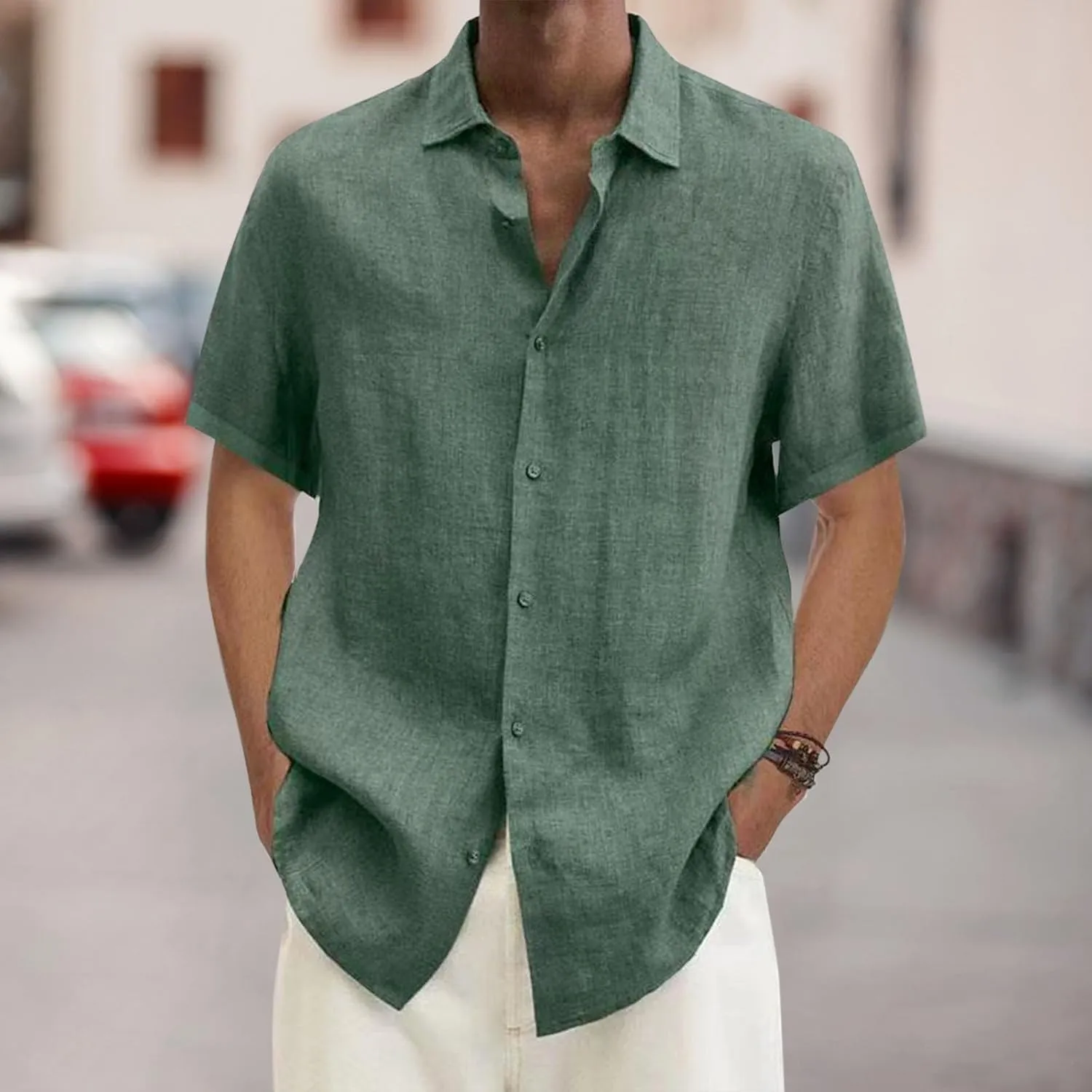 Linen Shirts for Men Short Sleeve Button Down Summer Casual Beach Top Lightweight Loose Sun Protection Fishing Shirt