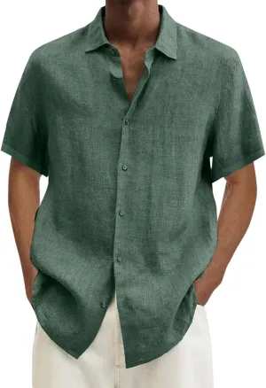 Linen Shirts for Men Short Sleeve Button Down Summer Casual Beach Top Lightweight Loose Sun Protection Fishing Shirt