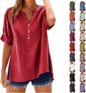 Linen Tops for Women 2025 Summer Button Down V Neck Shirts Casual Short Sleeve Loose T-Shirt Cotton Linen Blouse Tees