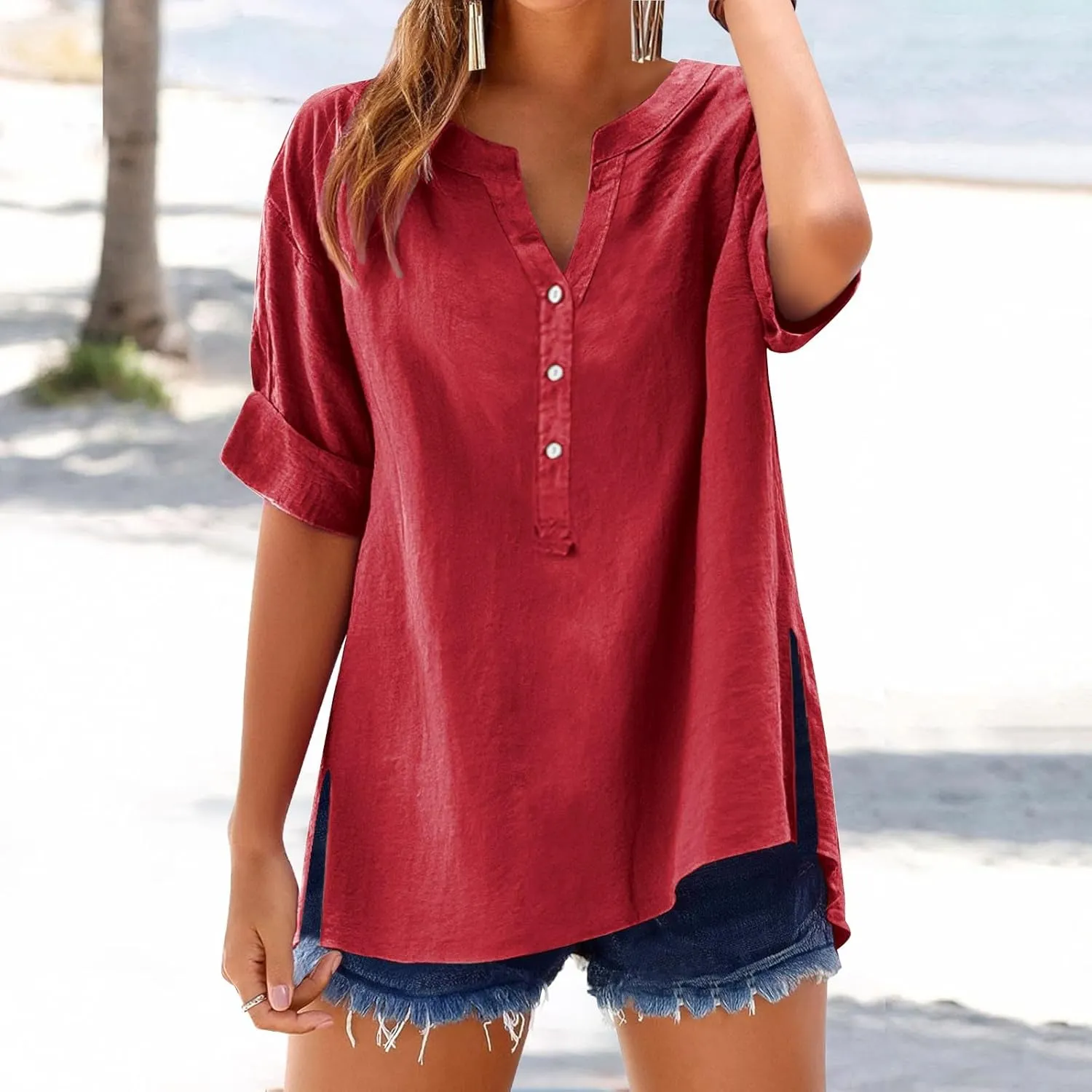 Linen Tops for Women 2025 Summer Button Down V Neck Shirts Casual Short Sleeve Loose T-Shirt Cotton Linen Blouse Tees