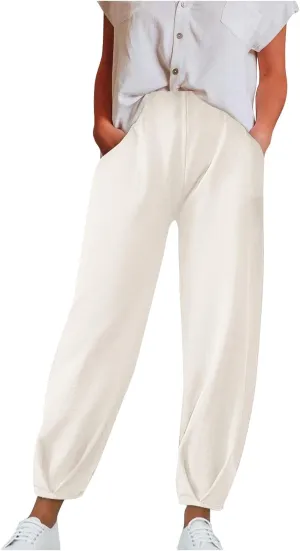 Lmdudan Women Summer Pants Fashion Casual Solid Color Trousers Elastic Waist Lounge Business Office Dress Pants with Pockets