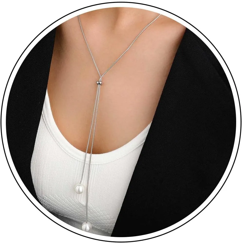 Long Pearl Lariat Necklaces Single Pearl Drop Y Necklace Dainty Pearl Pendant Sliding Necklace Adjustable Round Snake Chain Y Necklace Jewelry for Women Girls
