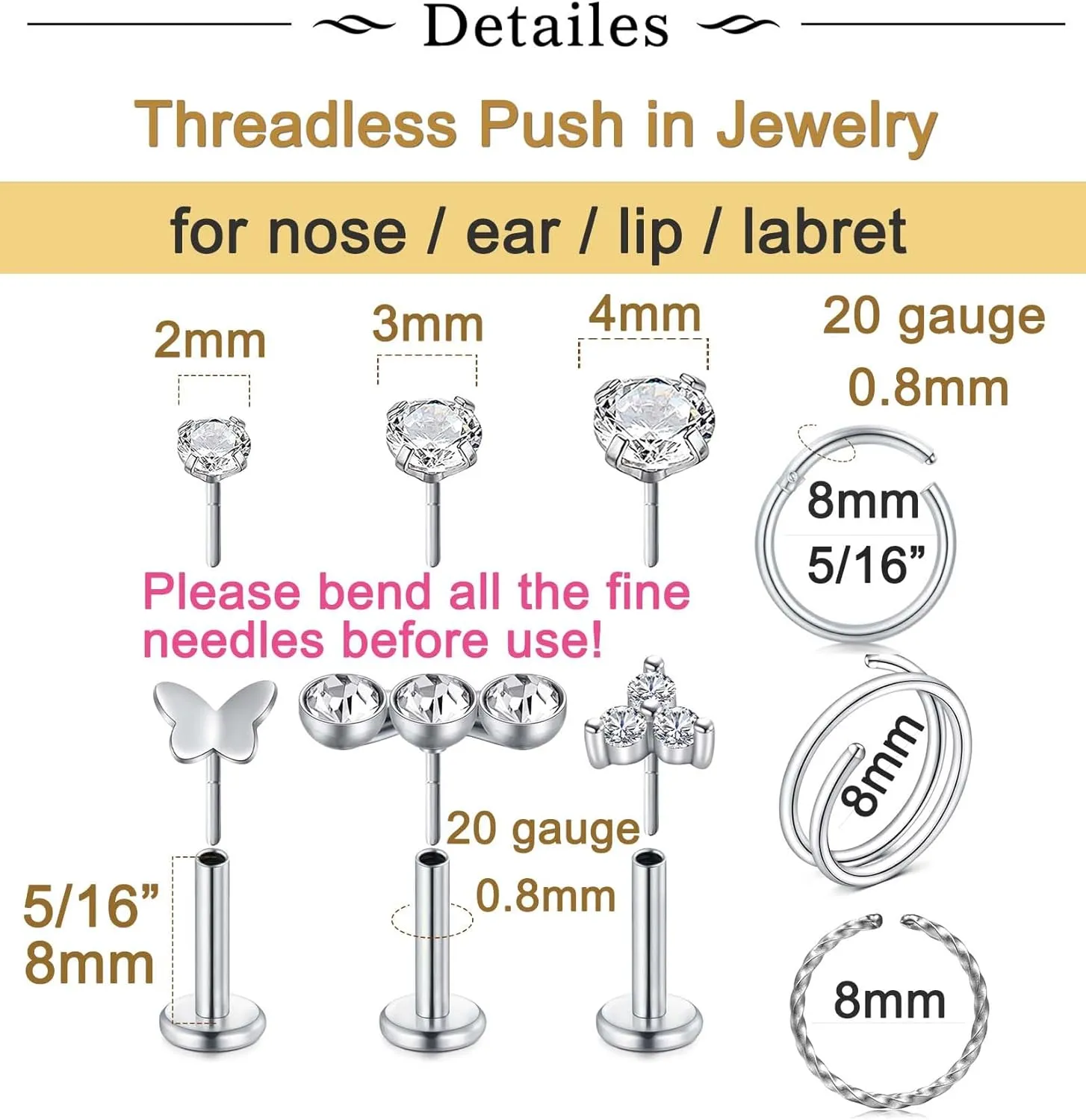 Longita Threadless Nose Stud 20g Flat Back Gold Cartilage Earring Silver Helix Earrings 20 Gauge Push in With Backs Nose Rings Hoops Piercing Taper