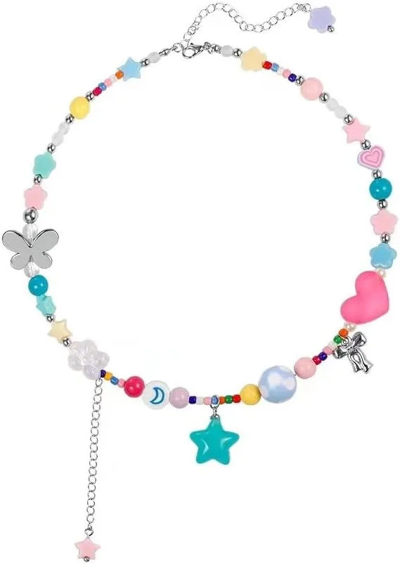 Lovely Y2K Beaded Choker Necklace Star Charms Dainty Colorful Necklace Handmade Happy Girl Jewelry Gifts for Women