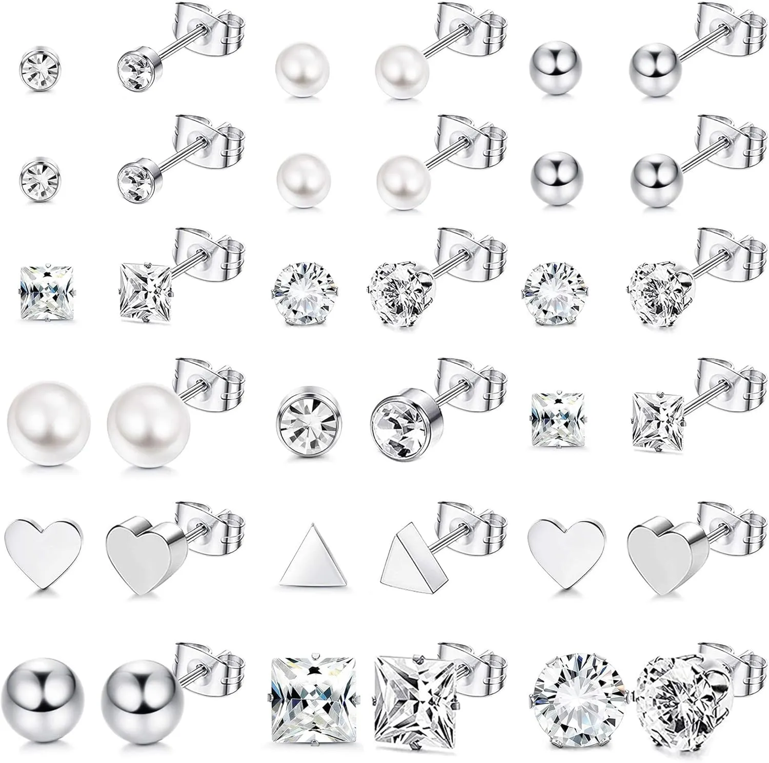 LOYALLOOK 12 Pairs Stainless Steel Earrings Stud Earrings Set for Womens Round Clear CZ Stud