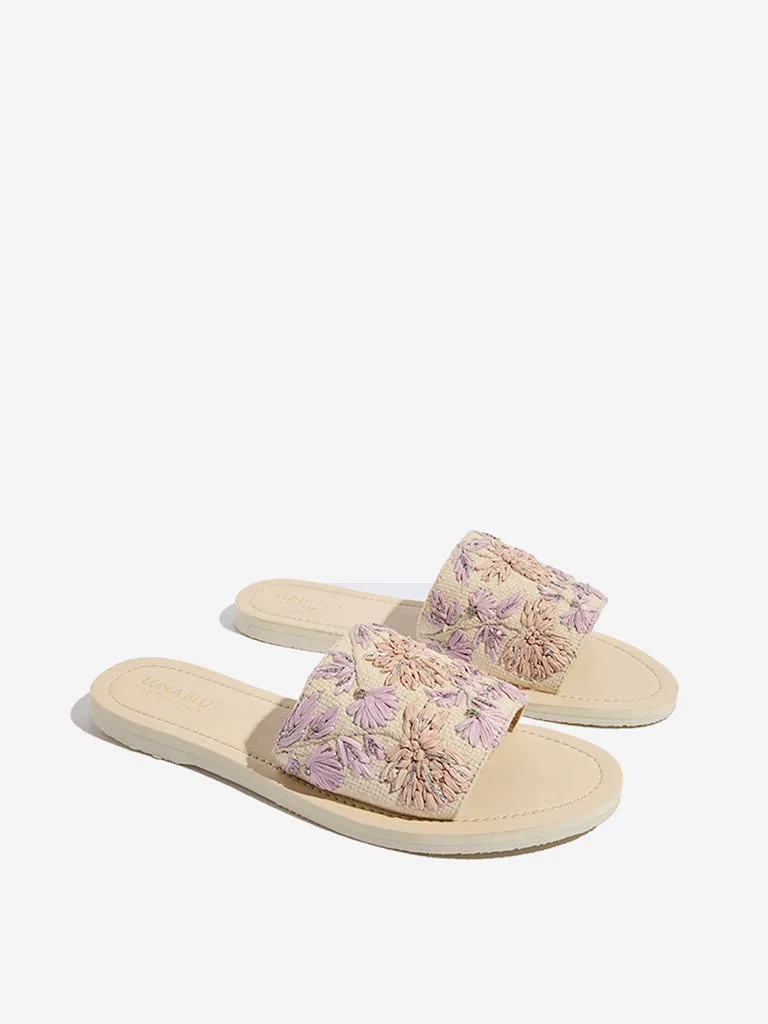 LUNA BLU Lilac Floral Embroidered Raffia Slides