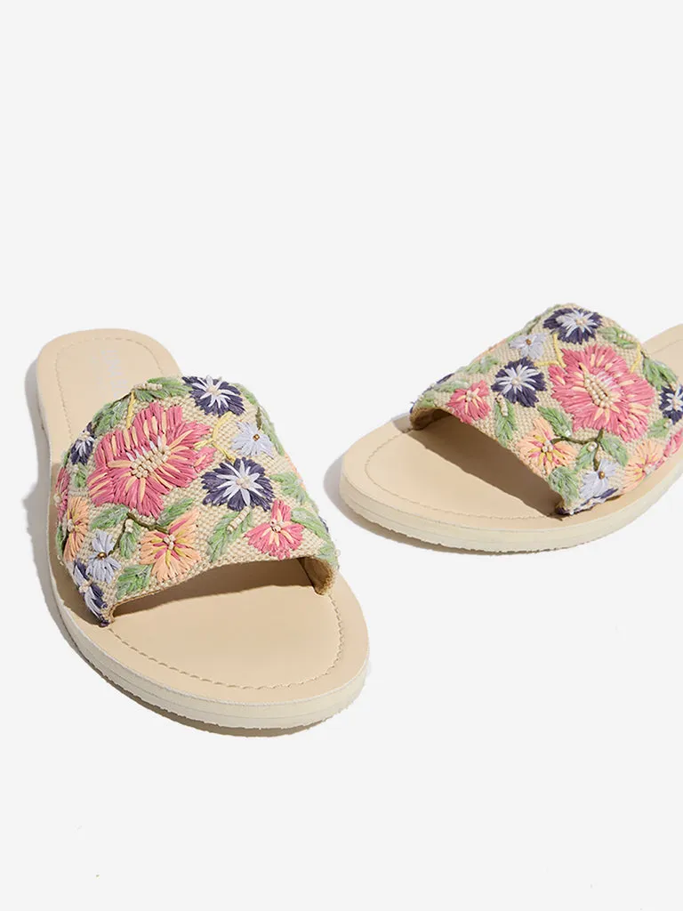 LUNA BLU Multicolour Floral Embroidered Raffia Slides
