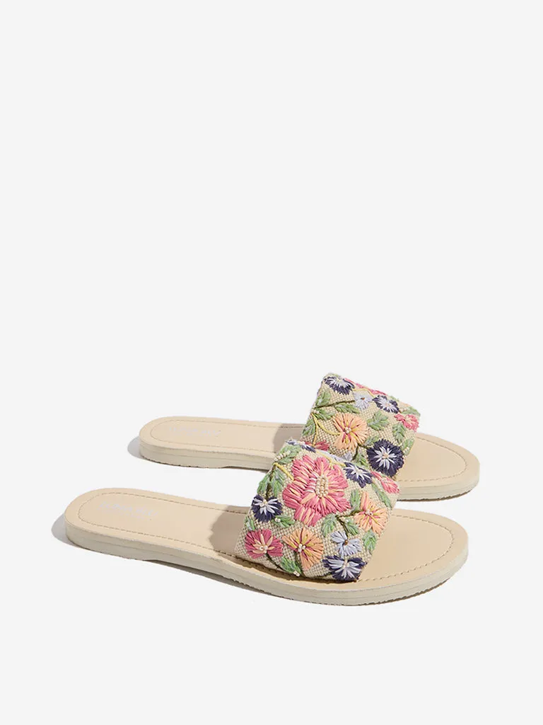 LUNA BLU Multicolour Floral Embroidered Raffia Slides