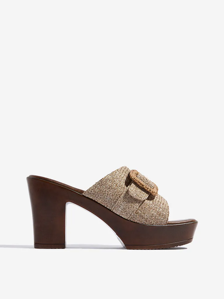 LUNA BLU Taupe Raffia-Textured Heel Sandals