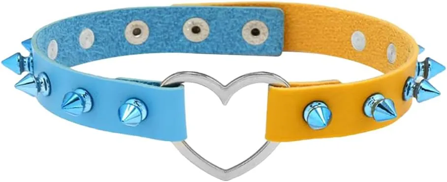 LUOZZY Love Heart with Rivet Adjustable Leather Choker Punk PU Necklace Goth Choker Soft Collar Chain - Blue and Yellow