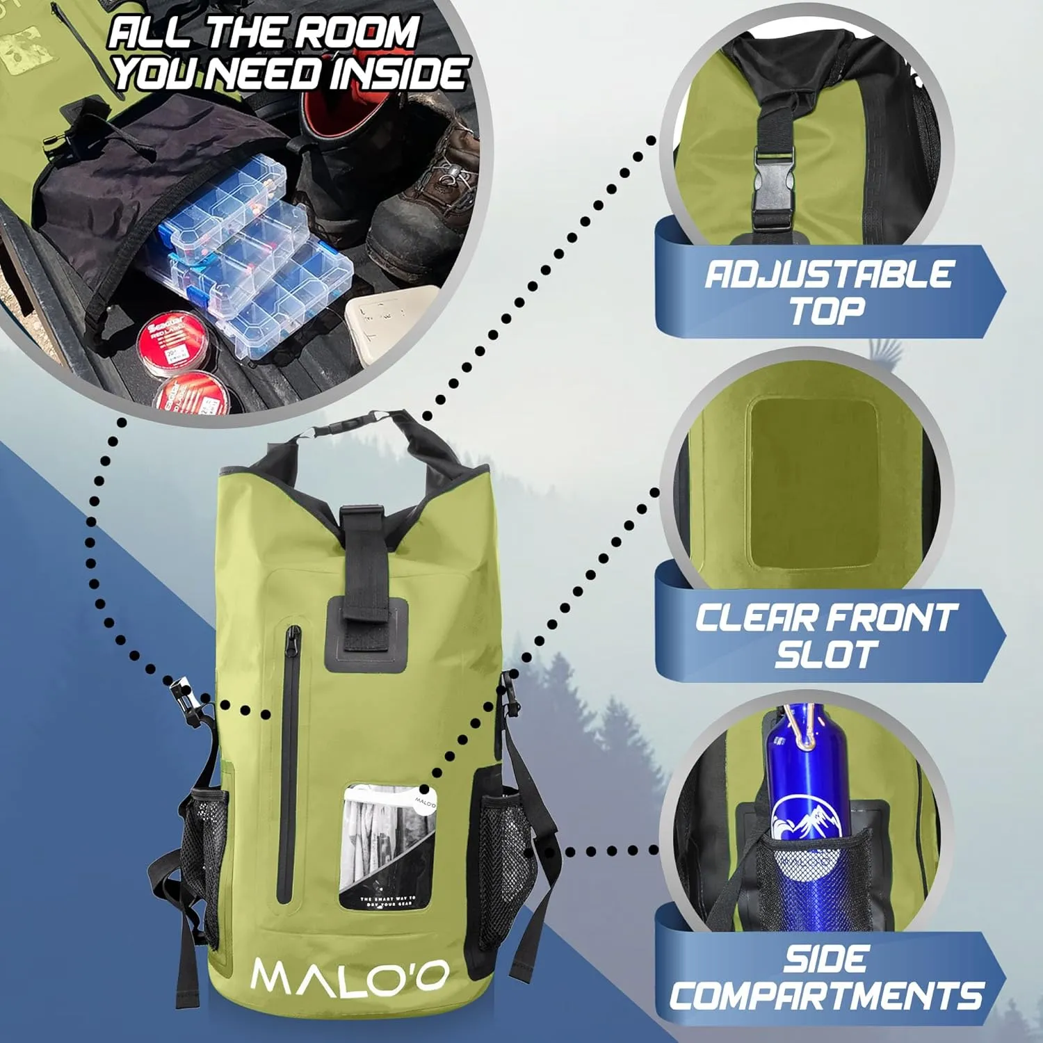 Malo'o 30L Waterproof Roll-Top Backpack - Ideal for Beach, Backpacking, Fishing, and Kayaking - Heavy-Duty Beach and Boat Accessory