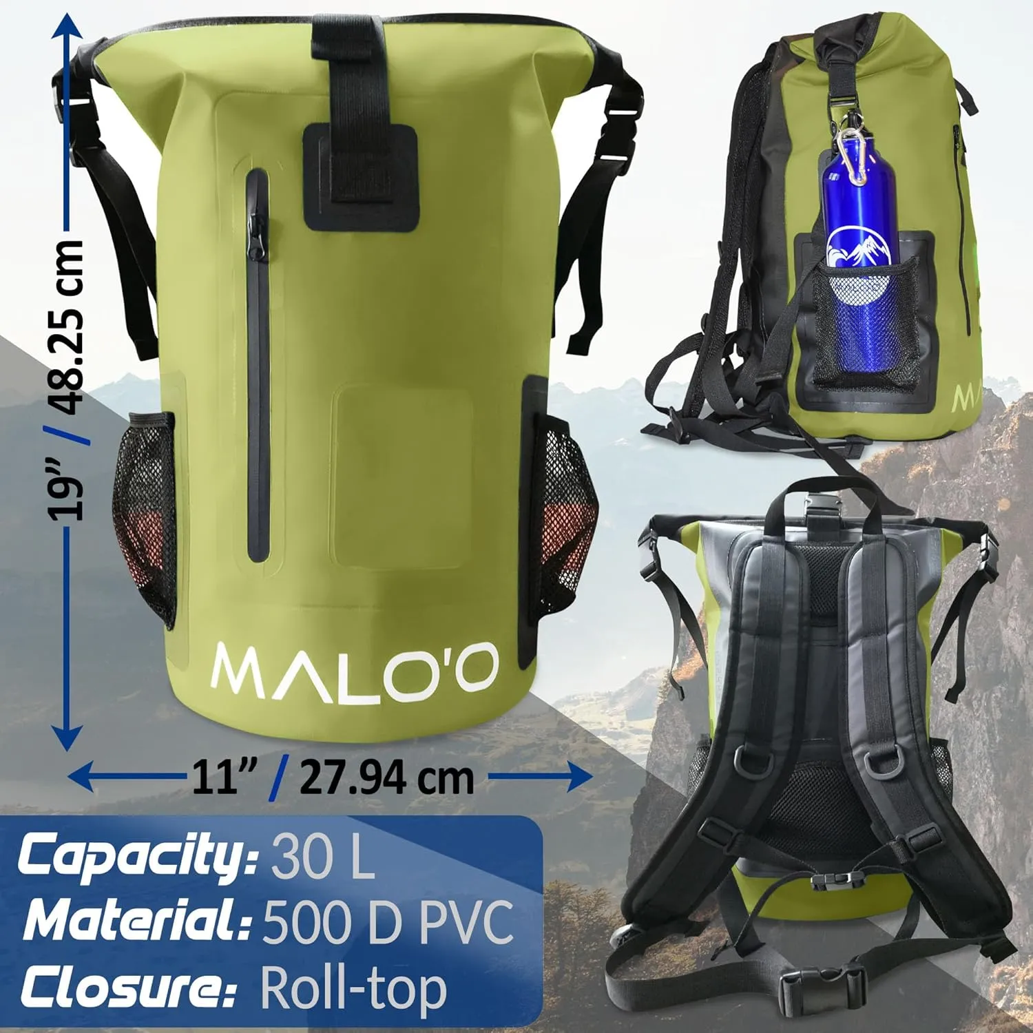 Malo'o 30L Waterproof Roll-Top Backpack - Ideal for Beach, Backpacking, Fishing, and Kayaking - Heavy-Duty Beach and Boat Accessory