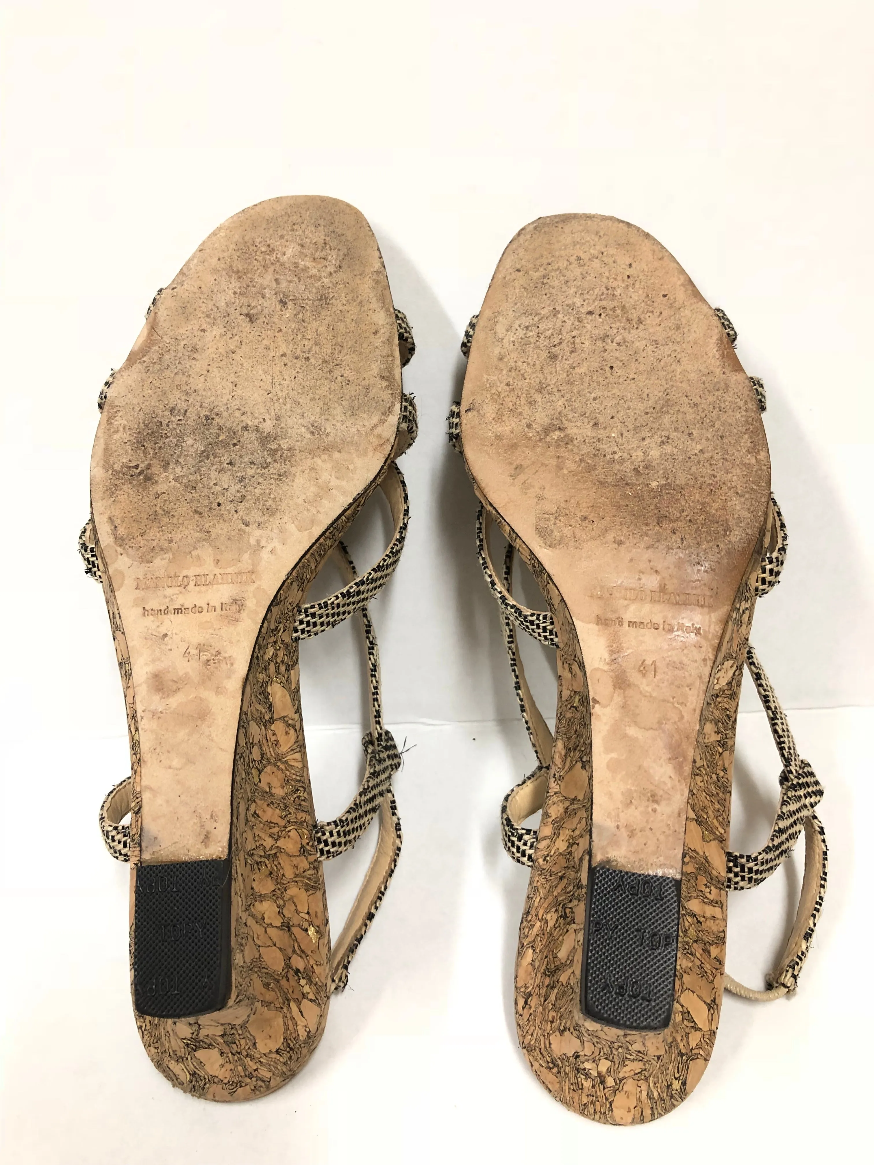 MANOLO BLAHNIK RAFFIA WOVEN WEDGE CORK HEEL SIZE 41