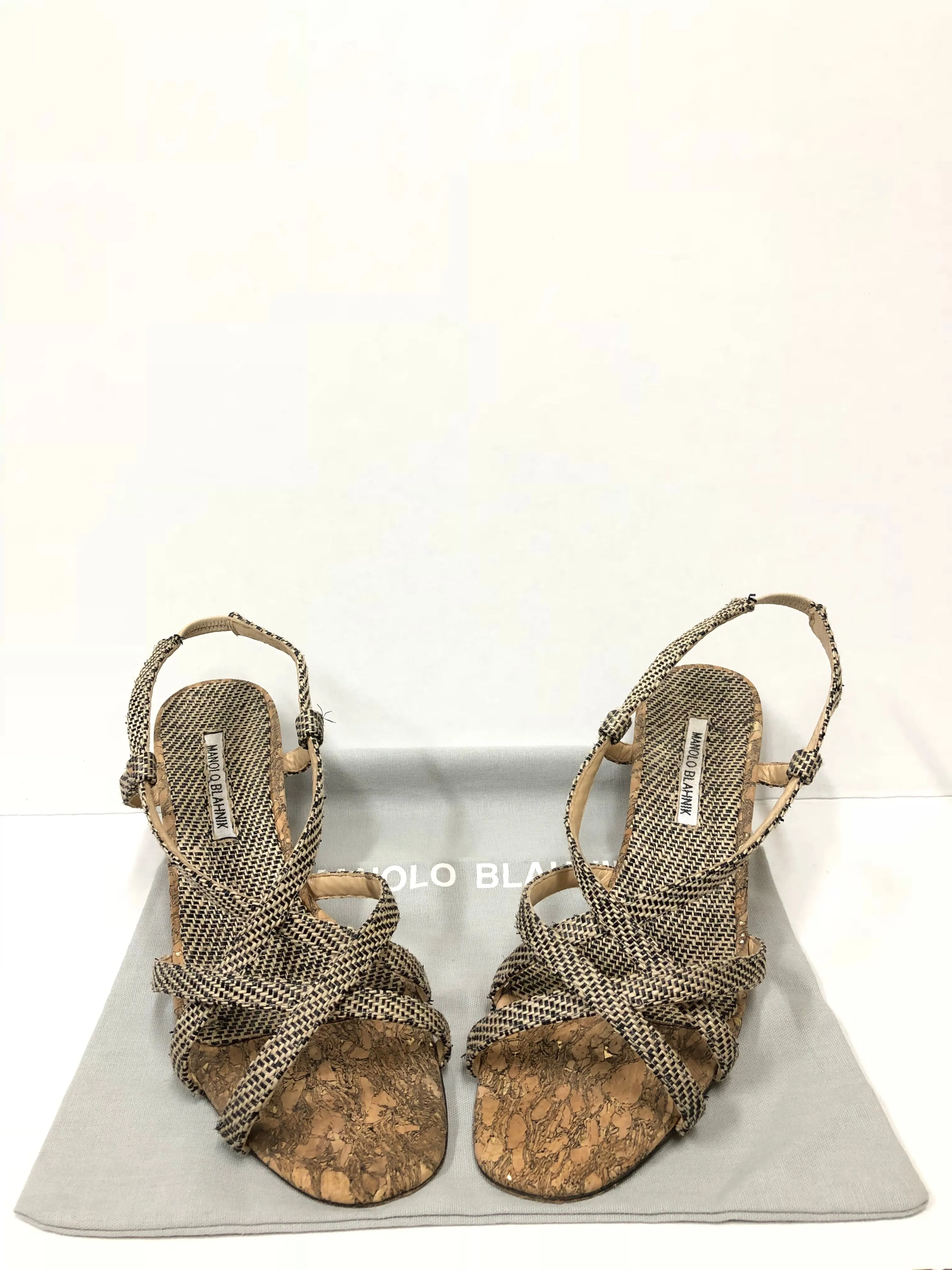 MANOLO BLAHNIK RAFFIA WOVEN WEDGE CORK HEEL SIZE 41