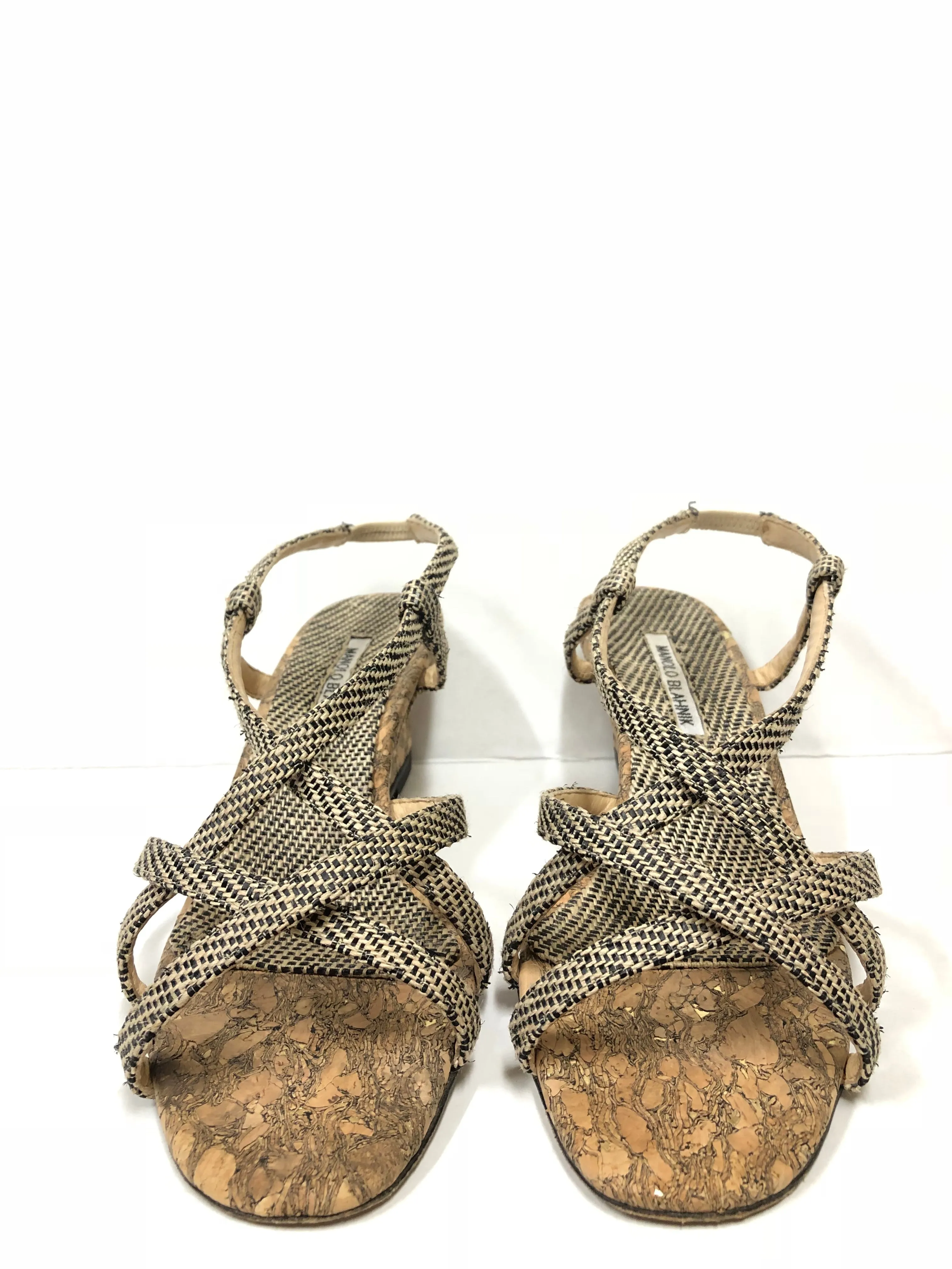MANOLO BLAHNIK RAFFIA WOVEN WEDGE CORK HEEL SIZE 41