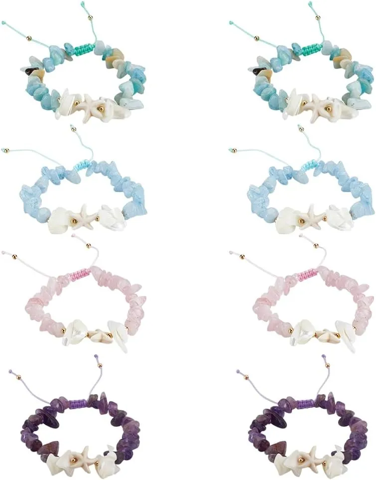 MAYJOYDIY 8Pcs Starfish Beaded Bracelets 4 Colors Summer Natural Stone Bracelets Adjustable Stretch Friendship Bracelet Handmade Gemstone Beach Braided Anklets Gifts for Women Men Clothes Accessories
