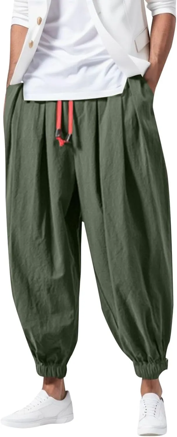 Men's Cotton Linen Harem Pants Baggy Loose Fit Drawstring Elastic Waist Drop Crotch Trouser Beach Yoga Pants with Pockets
