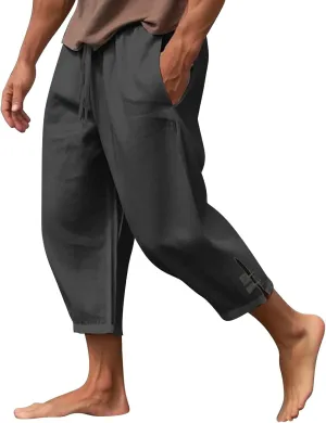 Men's Linen Casual Pants with Pockets Summer Elastic Waist Basic Capris Solid Leisure Athletic Five Short Pant Big and Tall