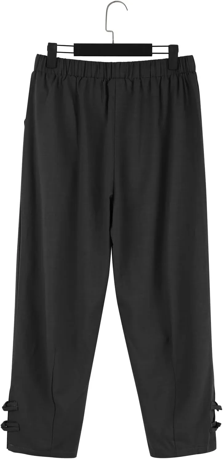 Men's Linen Casual Pants with Pockets Summer Elastic Waist Basic Capris Solid Leisure Athletic Five Short Pant Big and Tall