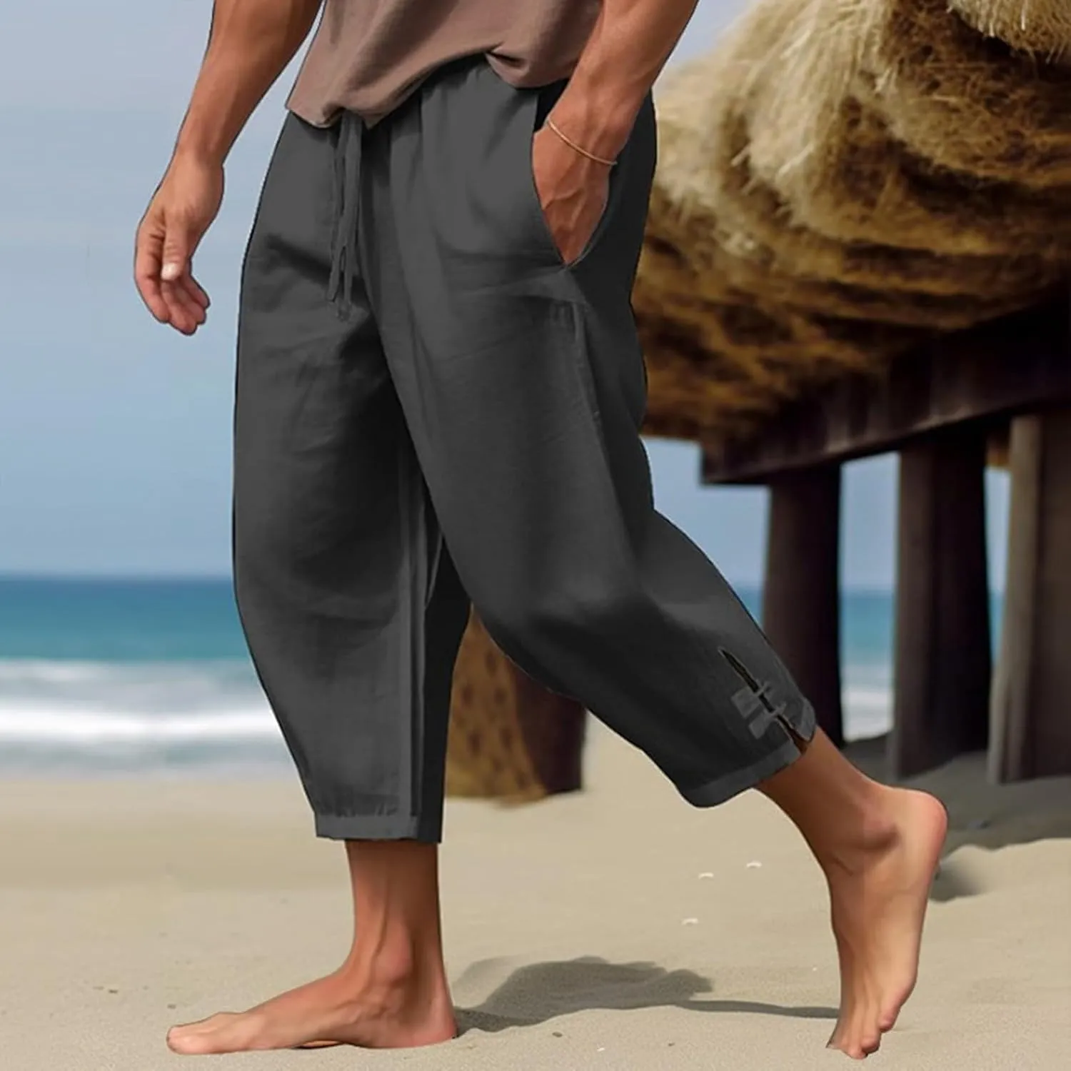 Men's Linen Casual Pants with Pockets Summer Elastic Waist Basic Capris Solid Leisure Athletic Five Short Pant Big and Tall
