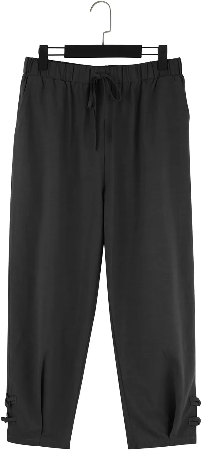 Men's Linen Casual Pants with Pockets Summer Elastic Waist Basic Capris Solid Leisure Athletic Five Short Pant Big and Tall
