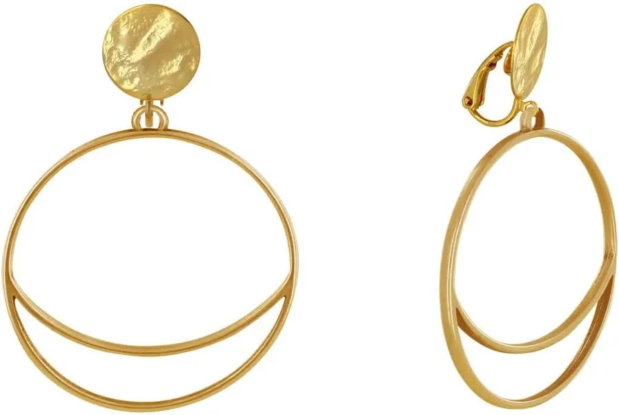 Metal Clip Earrings Circle and Crescent Moon