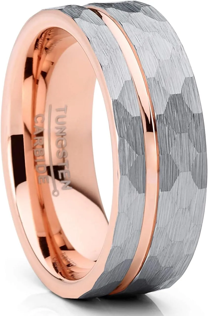 Metal Masters CO. Men's Hammered Grooved Tungsten Carbide Wedding Band Ring Silver Rosegold-Tone Comfort-Fit 8MM