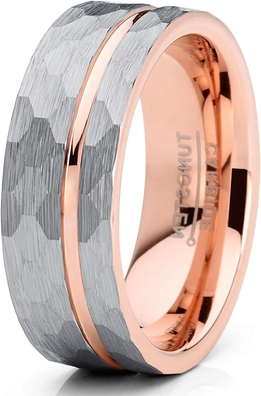 Metal Masters CO. Men's Hammered Grooved Tungsten Carbide Wedding Band Ring Silver Rosegold-Tone Comfort-Fit 8MM