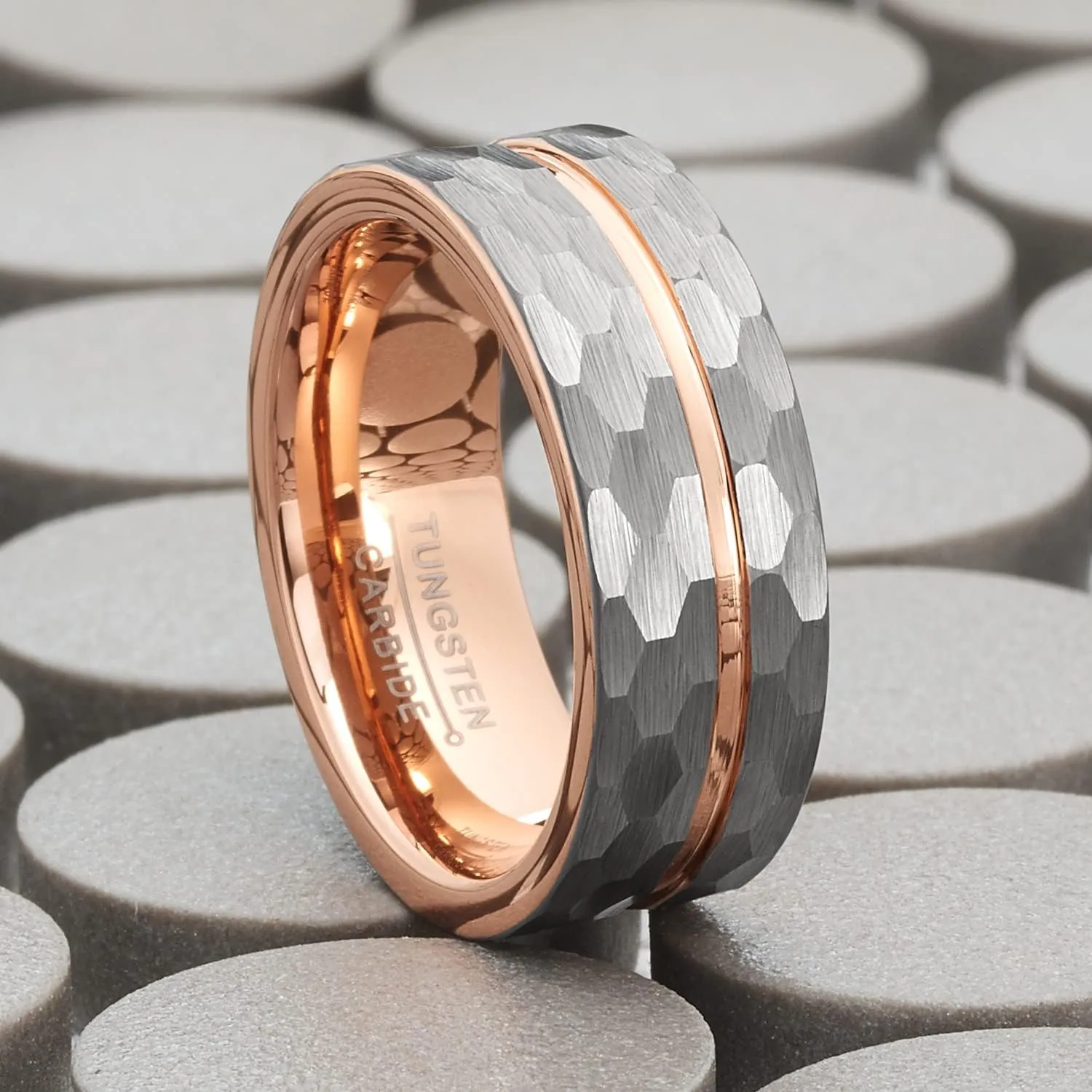 Metal Masters CO. Men's Hammered Grooved Tungsten Carbide Wedding Band Ring Silver Rosegold-Tone Comfort-Fit 8MM