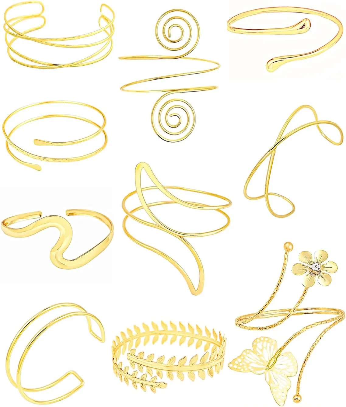Minimalist Gold Arm Cuff Bracelet Upper Arm Band Cuff Bangle for Women Adjustable Armband Set 10 Pieces
