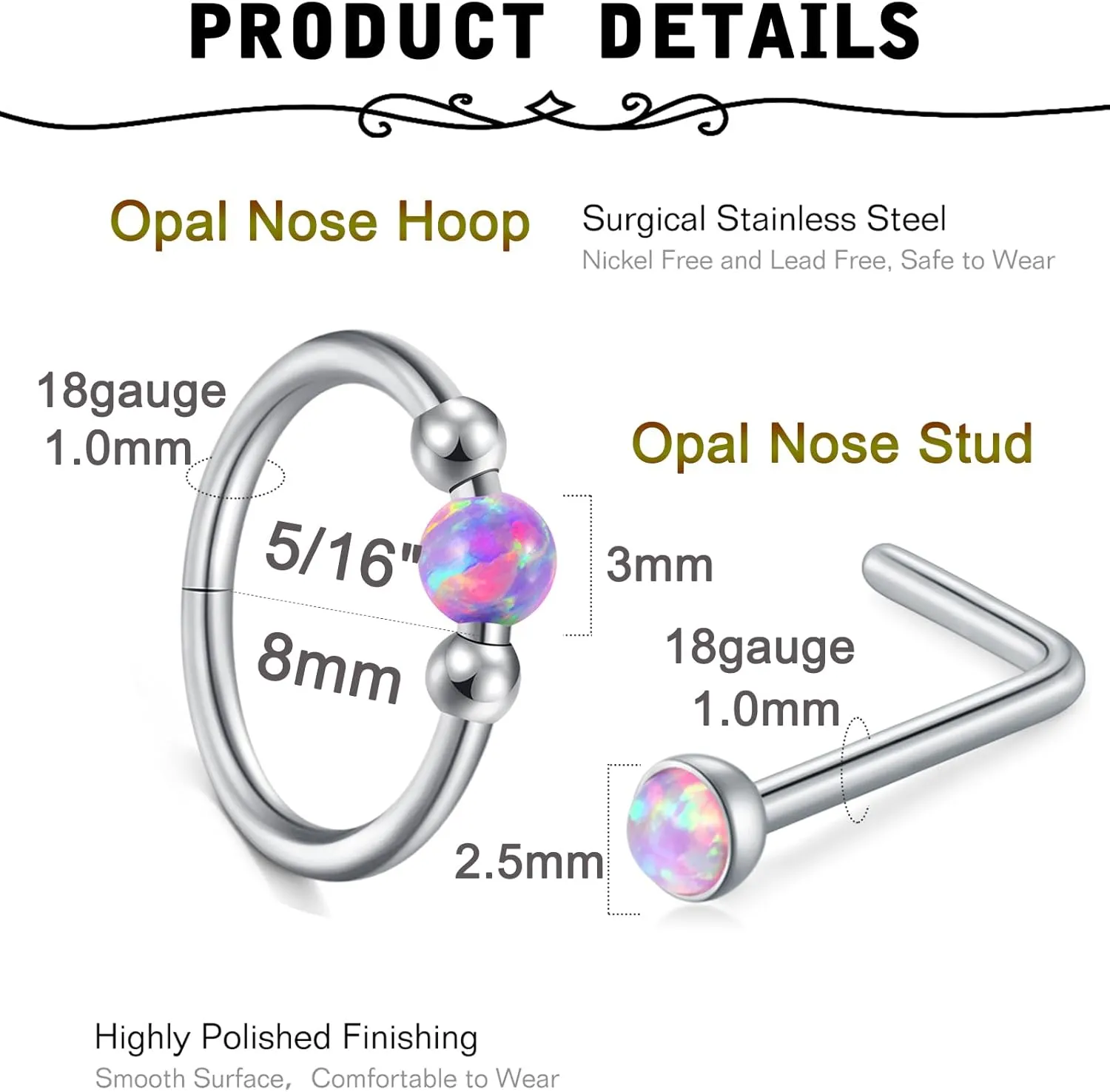MODRSA 18g Nose Ring Opal Nose Ring Opal Nose Stud L Shaped Opal Nose Hoop Clicker Silver Gold Nose Rings for Women Cartilage Hoop Earring Cartilage Hoop Helix Hoop Earring White Daith Earring Hoop