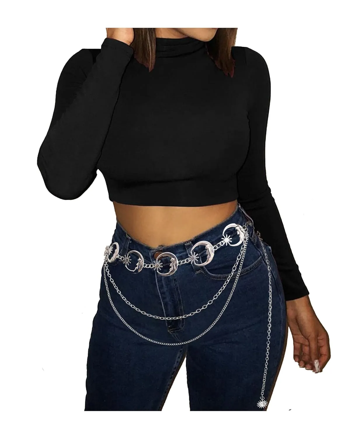 Moon/Sun Waist Chain Belt, Bohemia Multilayer Metal Waist Chain Belts Body Chain Belly Chain for Women (Moon Layered-Silver)