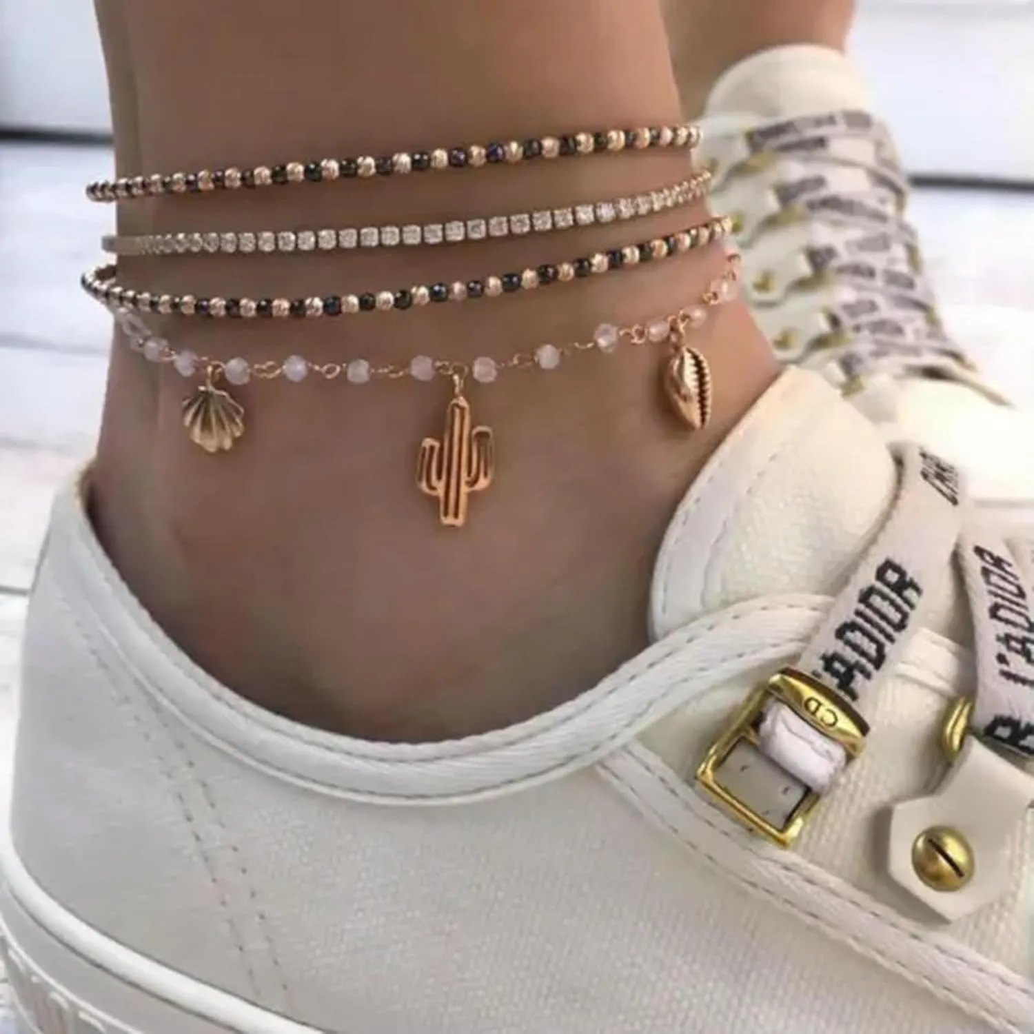 Multi-Layer Beads Shell Tassel Anklets Bracelet Foot Beach Jewelry Women-13.White Beads
