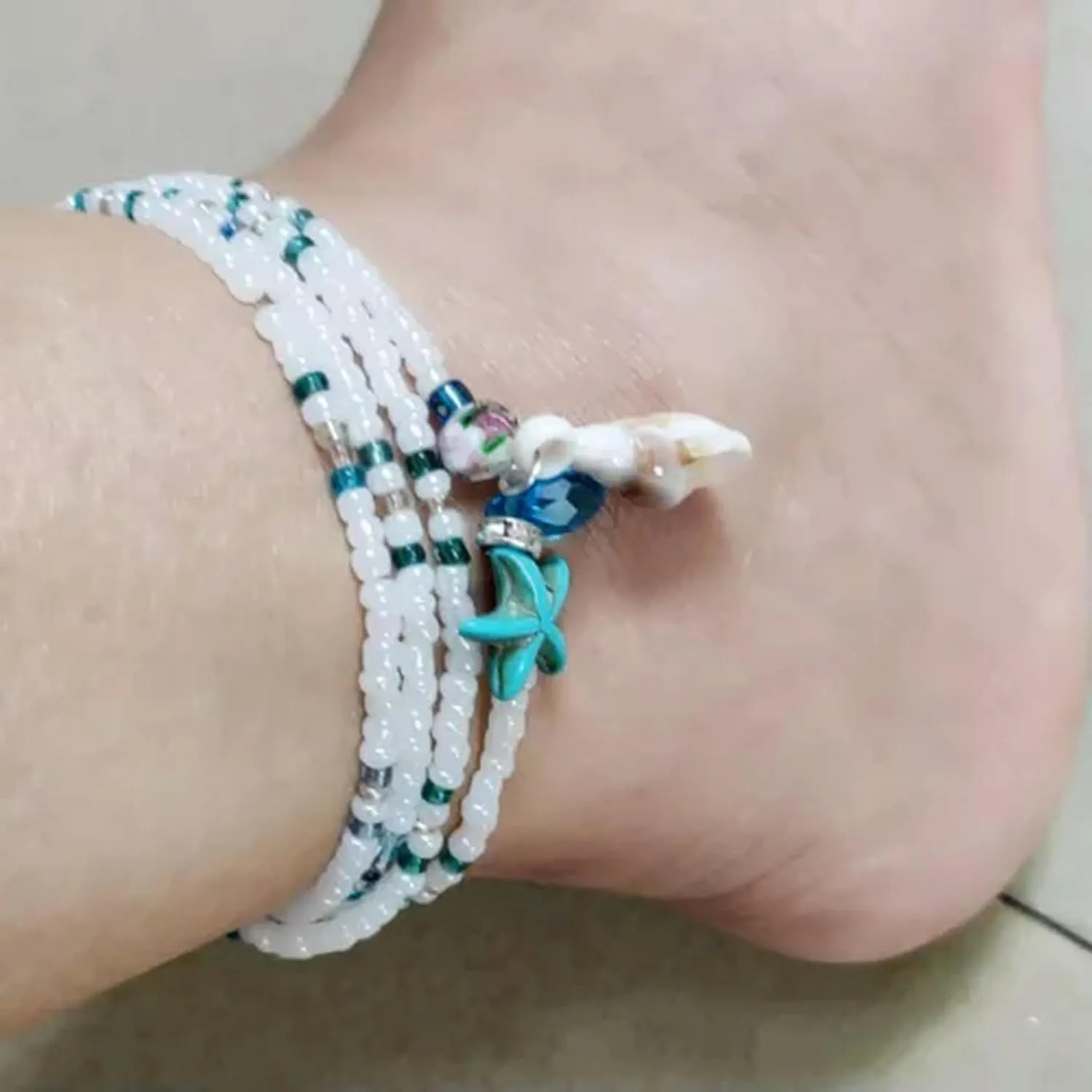 Multi-Layer Beads Shell Tassel Anklets Bracelet Foot Beach Jewelry Women-13.White Beads