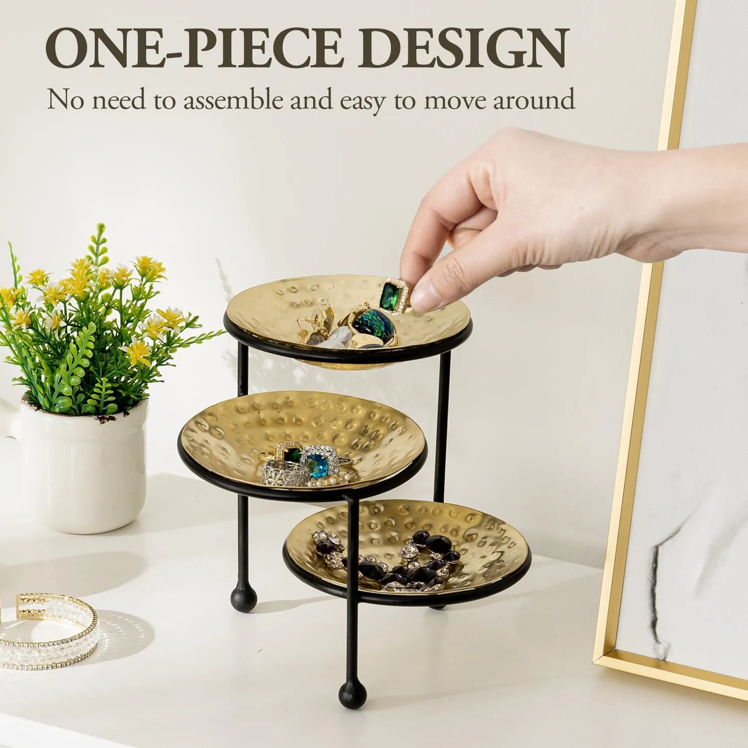 MyGift 3 Tier Jewelry Dish Organizer, 4 Inch Hammered Brass-Plated Metal Dishes and Black Stand, Decorative Ring Tray Jewelry Holder Display Tower for Earrings Necklace Bracelet - Handcrafted in India