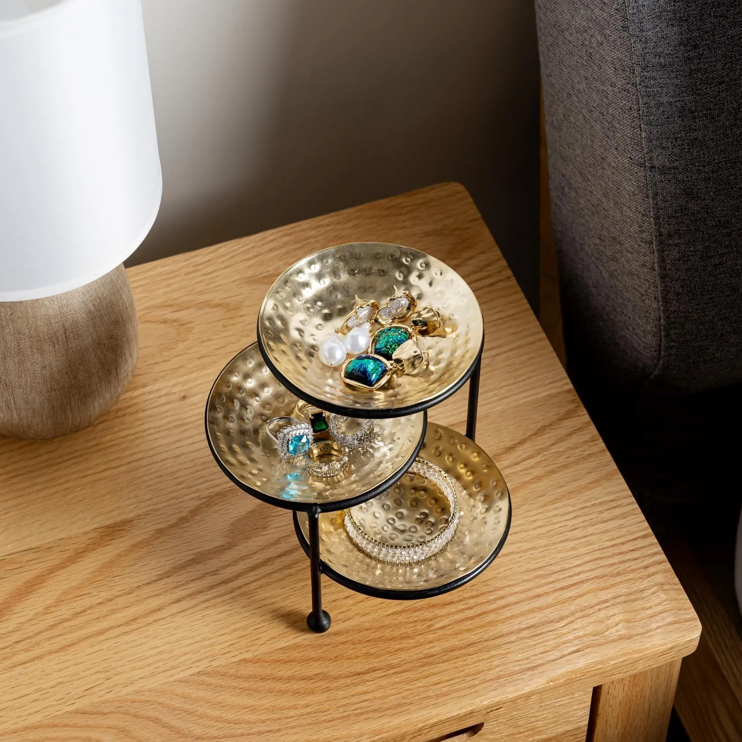 MyGift 3 Tier Jewelry Dish Organizer, 4 Inch Hammered Brass-Plated Metal Dishes and Black Stand, Decorative Ring Tray Jewelry Holder Display Tower for Earrings Necklace Bracelet - Handcrafted in India
